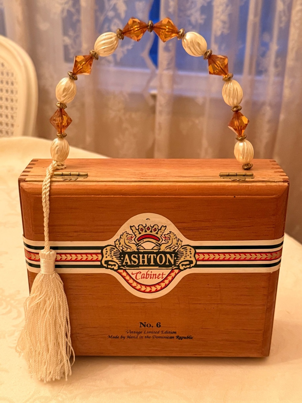 Ashton Cabinet Wooden Box Purse with Beaded Handle.  (Cigar purse)